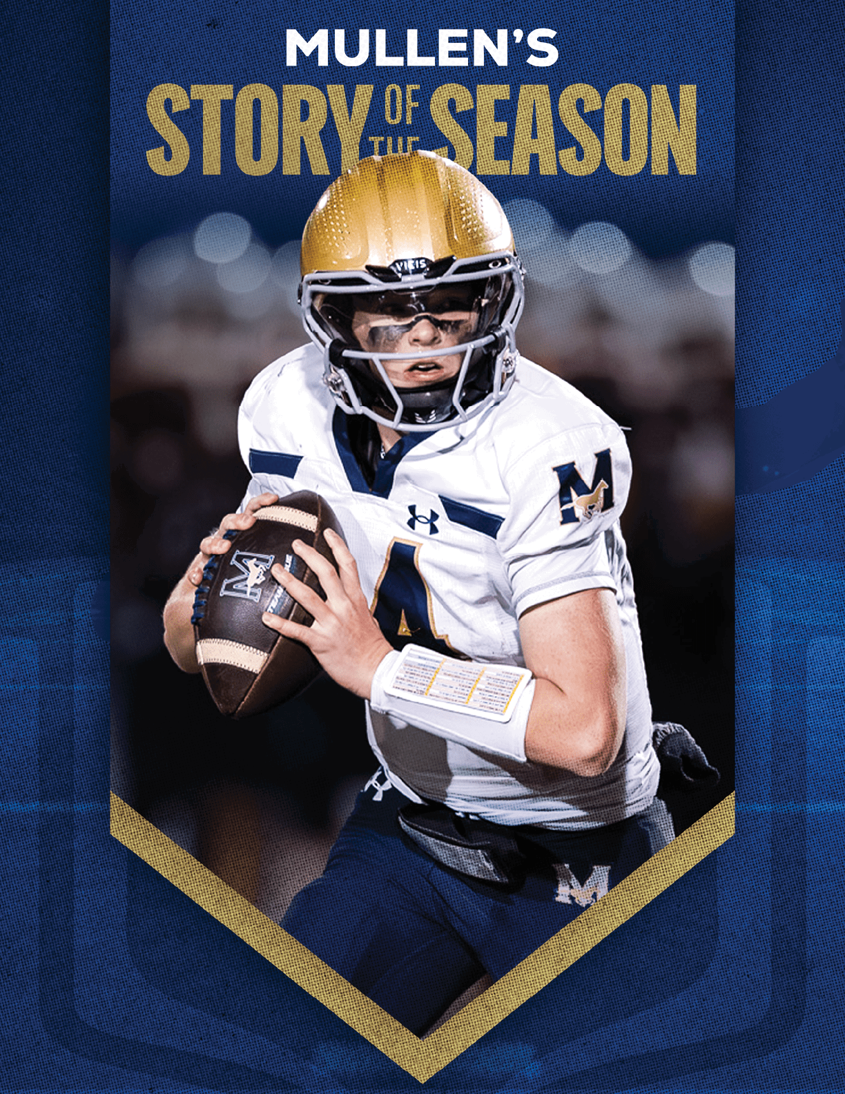 A person wearing a gold helmet and white football uniform with a navy blue “M" is holding a football and preparing to throw it, with the text "Mullen's Story of the Season" above. Description generated by AI