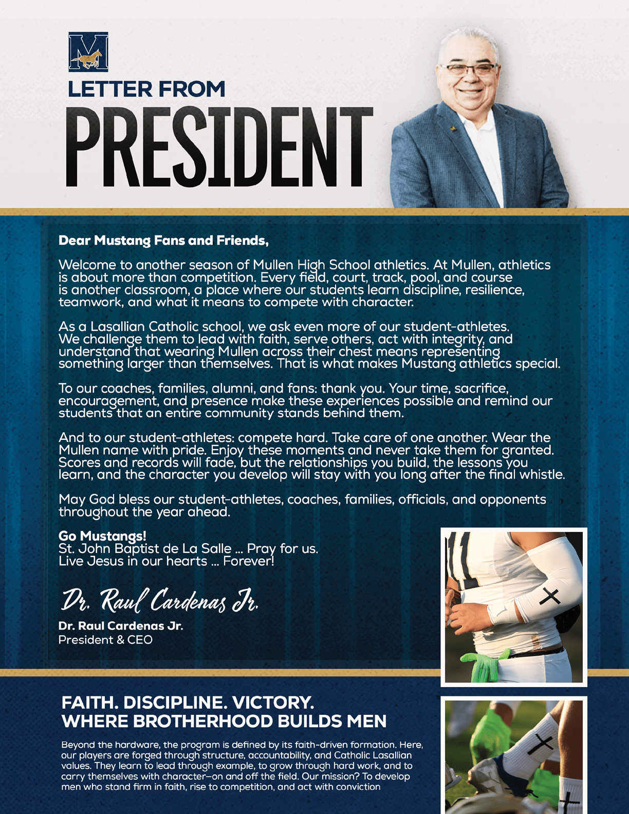 Senior person in a suit smiling next to a letter from the president addressing Mustang fans and friends with a message about school athletics, discipline, and victory, accompanied by a small photo of a person tying a sneaker. Description generated by AI