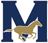 A large navy blue letter M with a gold silhouette of a running horse overlaying the bottom half. Description generated by AI