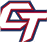 A stylized letter T with a white interior, outlined in maroon and navy blue with sharp angular edges. Description generated by AI