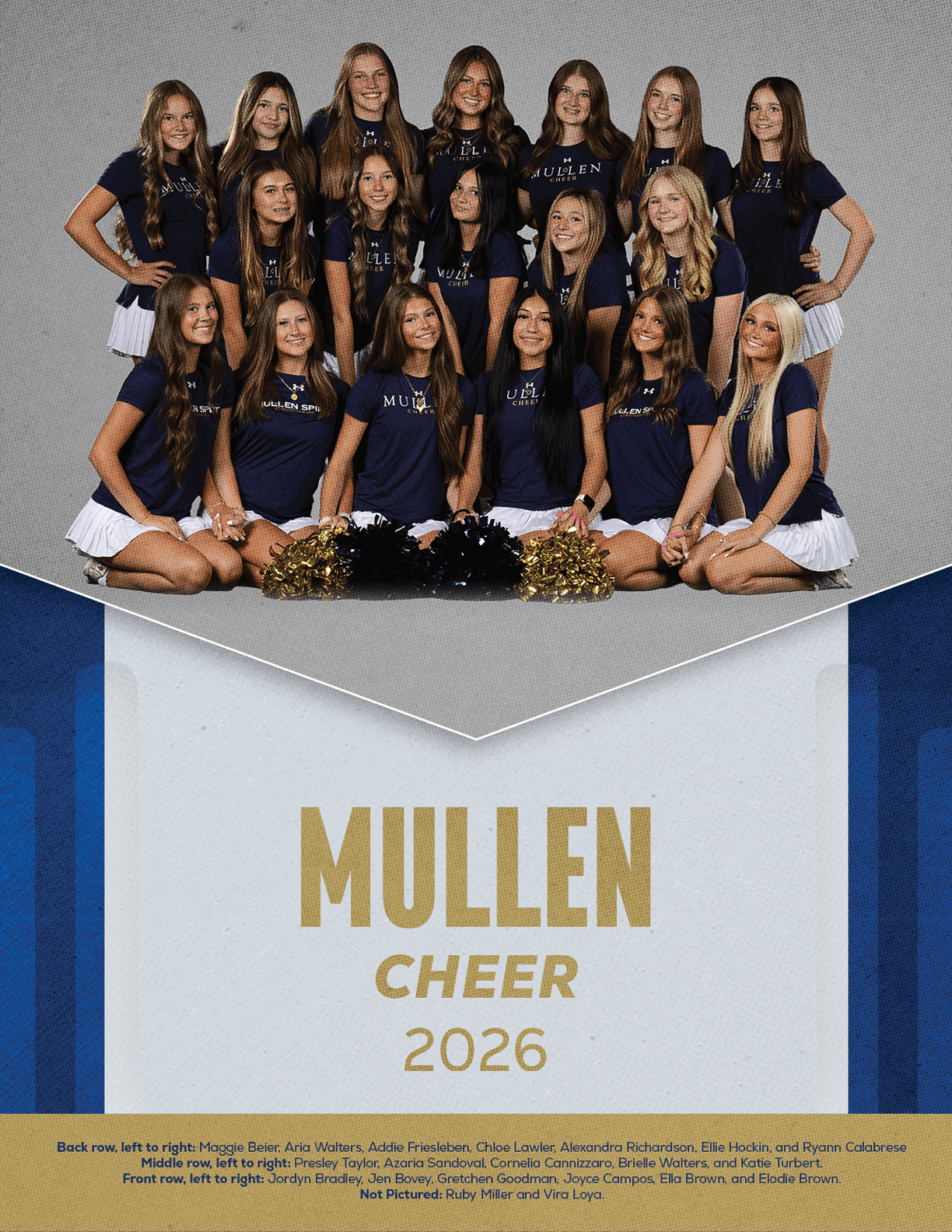 A group of people wearing matching navy blue shirts and white skirts pose together in a cheerleading team photo with pom-poms in front and the text MULLEN CHEER 2026 below them. Description generated by AI