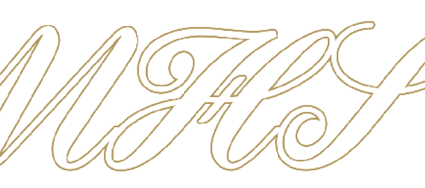 Elegant gold cursive letters spelling “MHS" on a white background. Description generated by AI