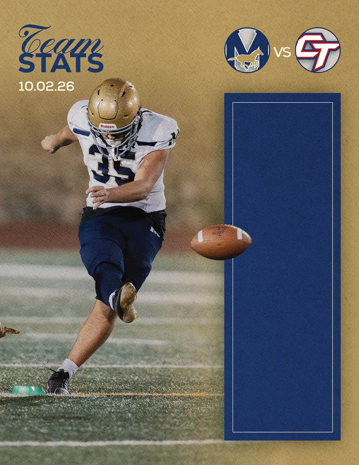 An adult football player in a white and navy uniform is kicking a football on a field with a blurred background, accompanied by team logos and the text “Team Stats 10.02.26." Description generated by AI