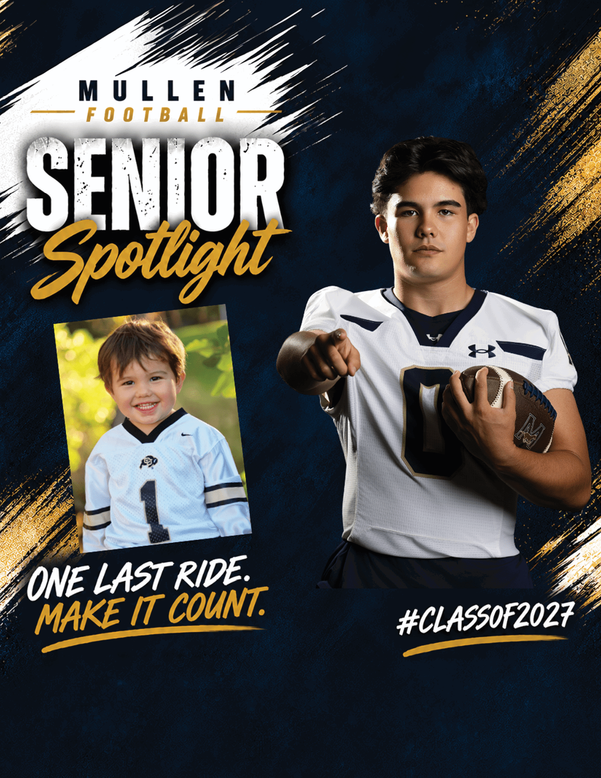A person in a football uniform holding a football and pointing forward stands next to a smaller photo of a child in a football jersey with text highlighting a senior football spotlight and class of 2027. Description generated by AI