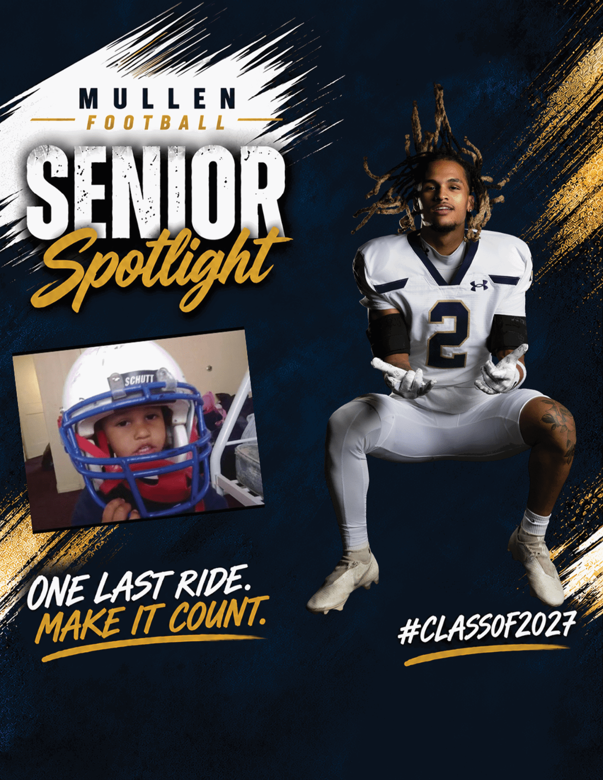 A person in a football uniform with the number 2 is crouching next to a smaller photo of a child wearing a football helmet with text highlighting a senior football spotlight and the class of 2027. Description generated by AI