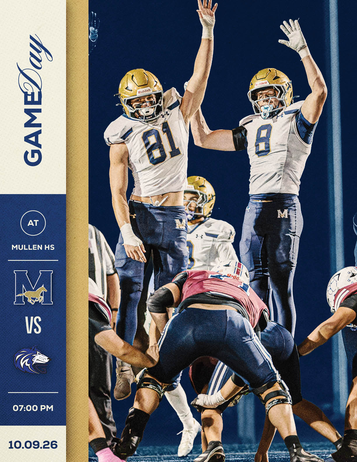 Two football players in white and blue uniforms with yellow helmets are celebrating with raised arms on a field while opposing players in dark uniforms prepare for a play. Description generated by AI