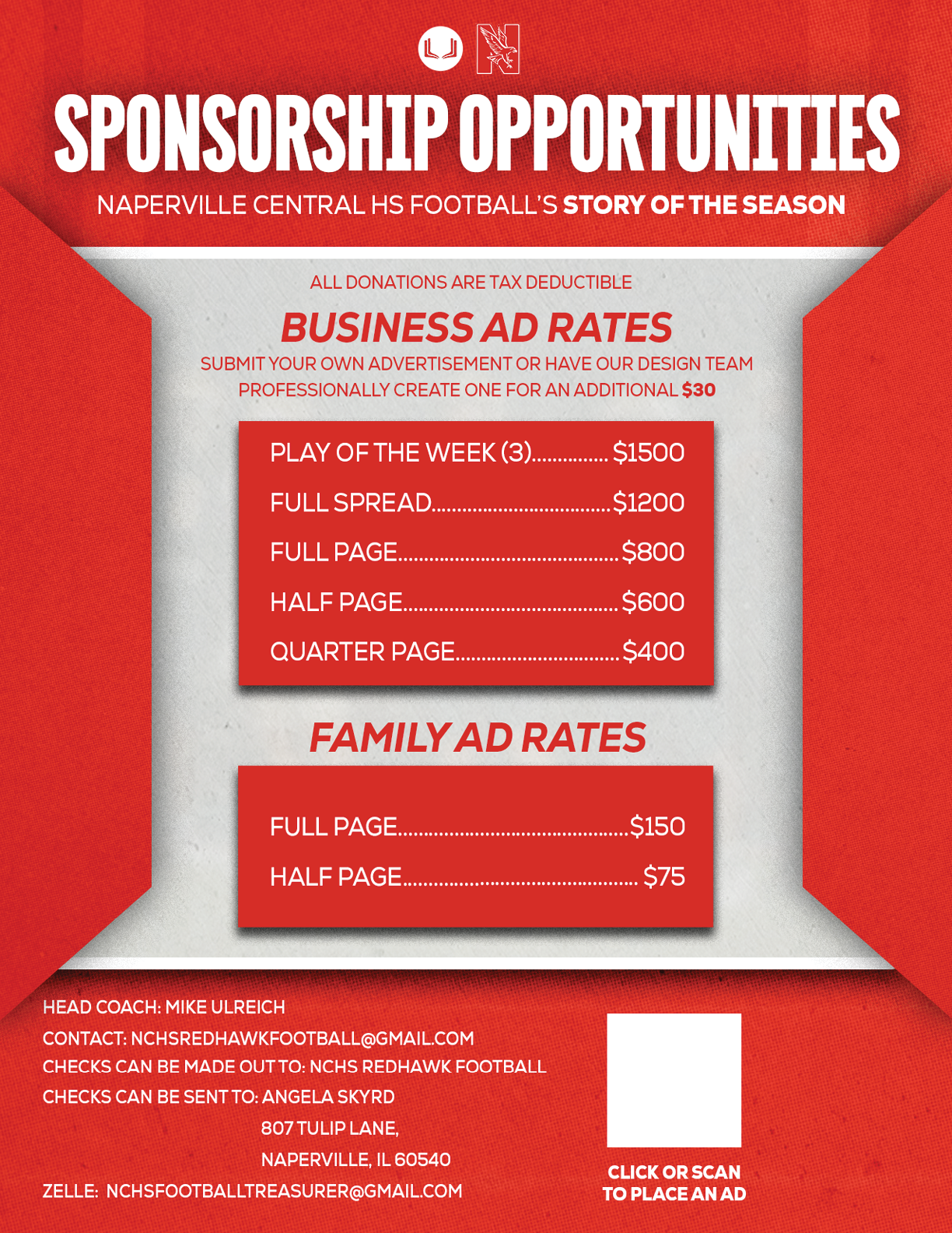 A red and white flyer detailing sponsorship opportunities and business and family ad rates for a Naperville Central High School football season, including contact information and payment instructions. Description generated by AI