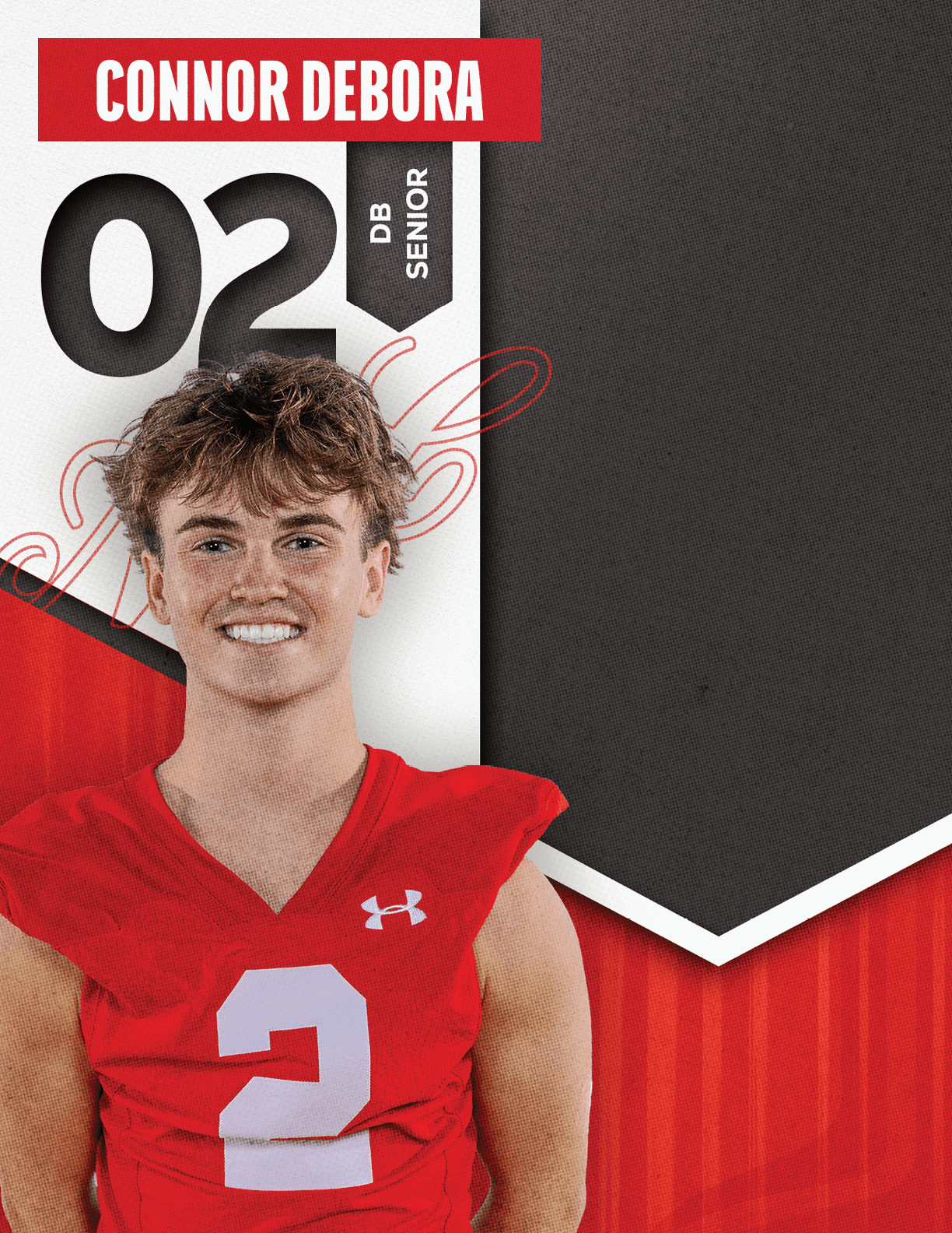 A person wearing a red football jersey with the number 2 and the name Connor Debora displayed above, along with the text DB Senior. Description generated by AI