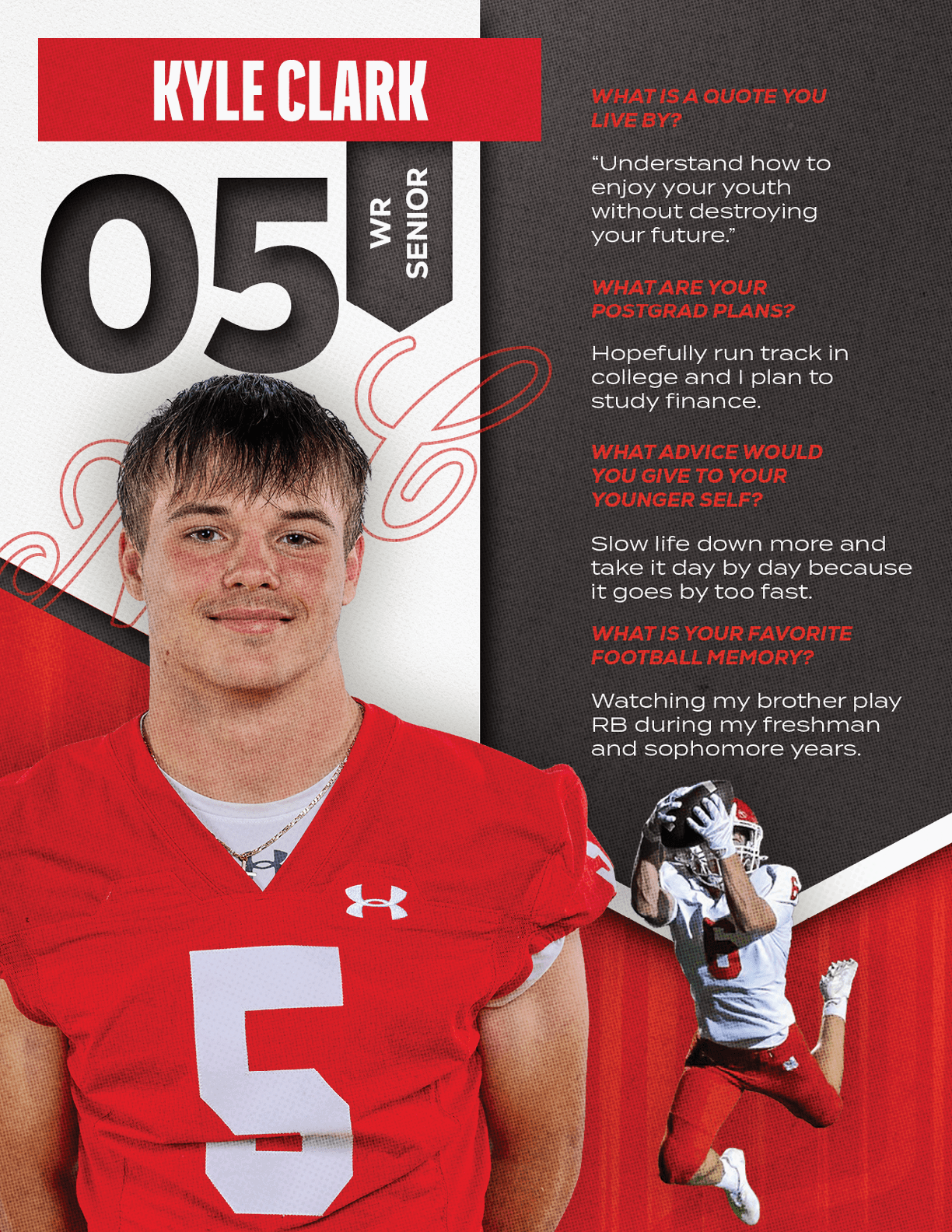A person wearing a red football jersey with the number five stands in front of a graphic featuring their name, class year, and a smaller image of them catching a football, alongside text with quotes and future plans. Description generated by AI