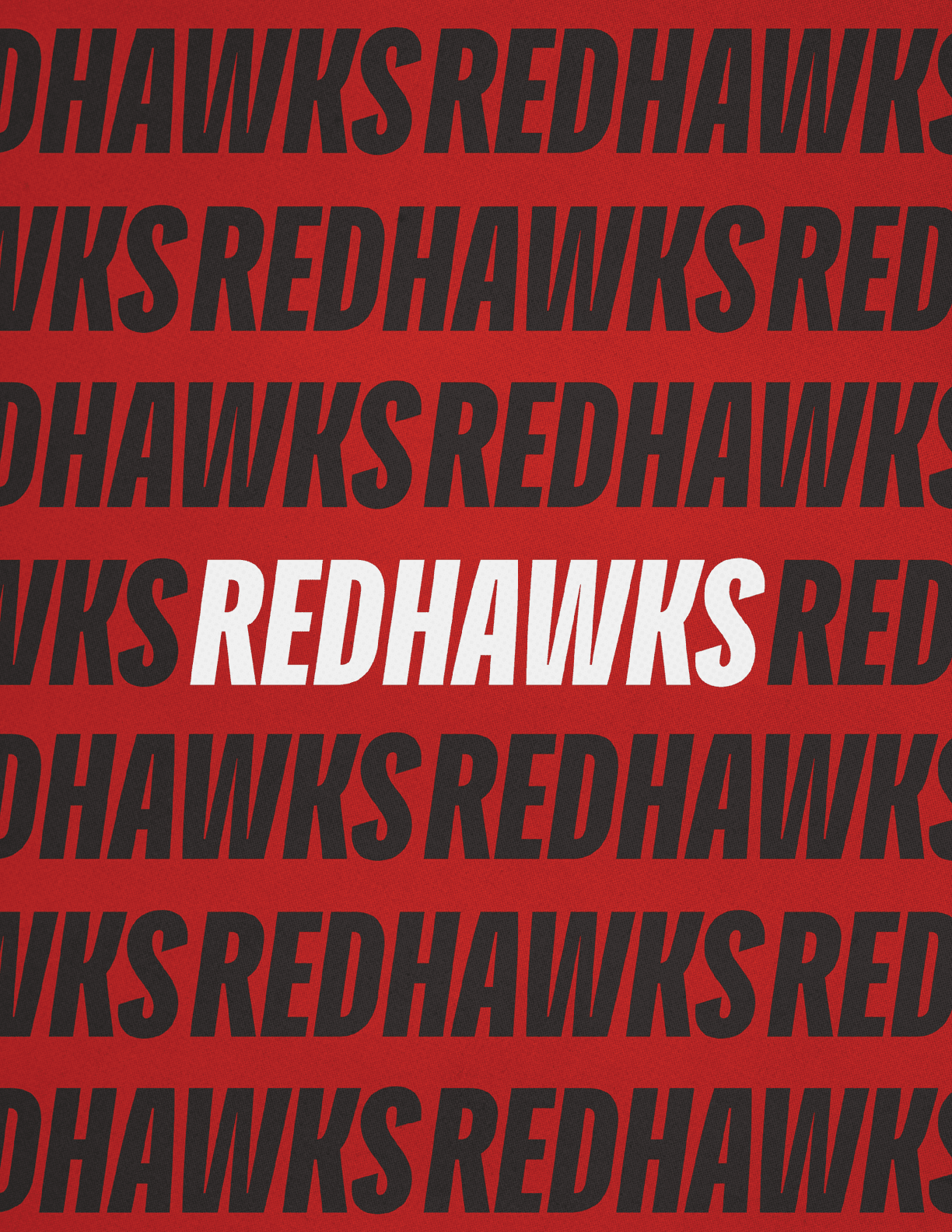 The word “REDHAWKS" is repeated multiple times in bold black text on a red textured background with one instance in bold white text in the center. Description generated by AI