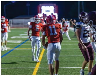 A football player running on the field. Description generated by AI