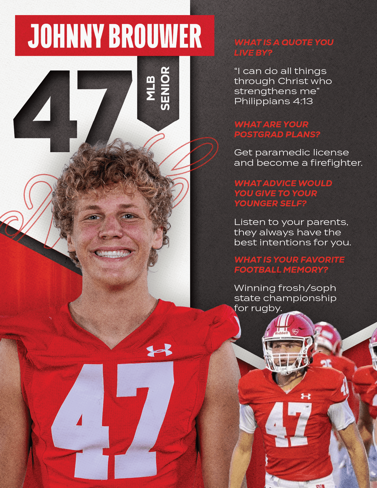 A person wearing a red football jersey with the number 47 and smiling is featured alongside text about their name, senior status, a motivational quote, postgrad plans, advice to younger self, and favorite football memory. Description generated by AI