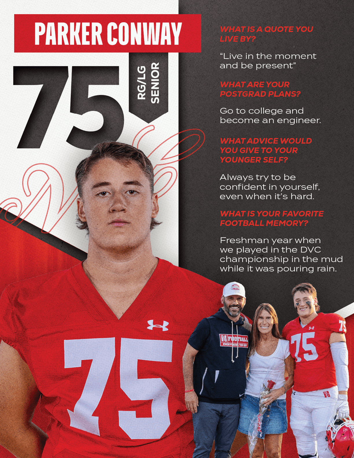 A person wearing a red football jersey with the number 75 stands in front of a graphic with their name and senior year information alongside a smaller photo of three people smiling, one in a matching football uniform, and text with personal quotes. Description generated by AI