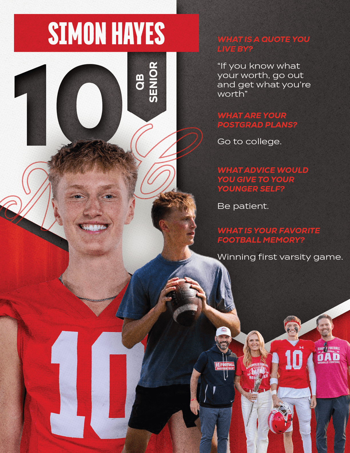 A collage features a person in a red sports jersey with the number 10, another person holding a football, and a group of people standing together wearing casual and sports-themed clothing with text about Simon Hayes' quotes, postgrad plans, advice, and favorite football memory. Description generated by AI