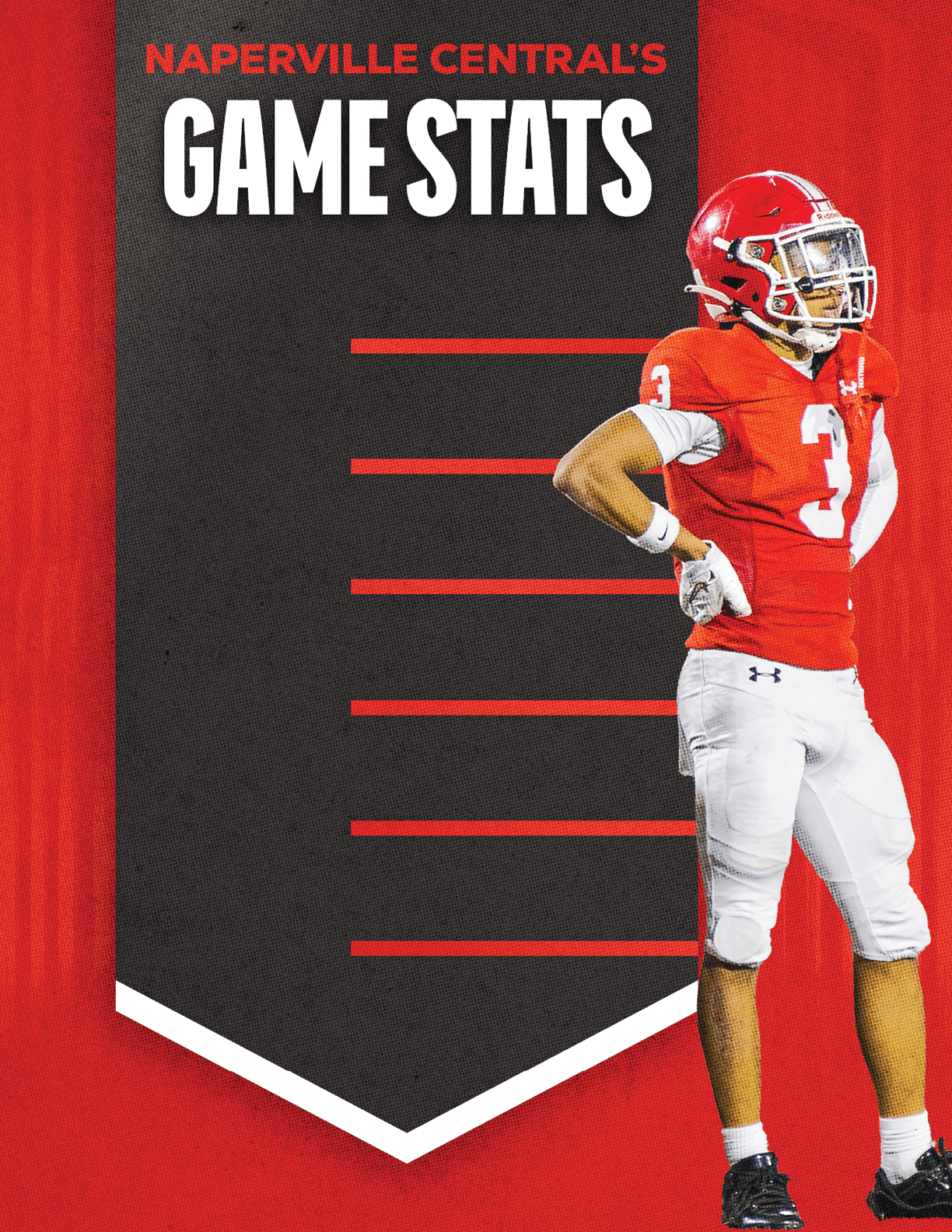 A football player wearing a blue and red jersey. Description generated by AI