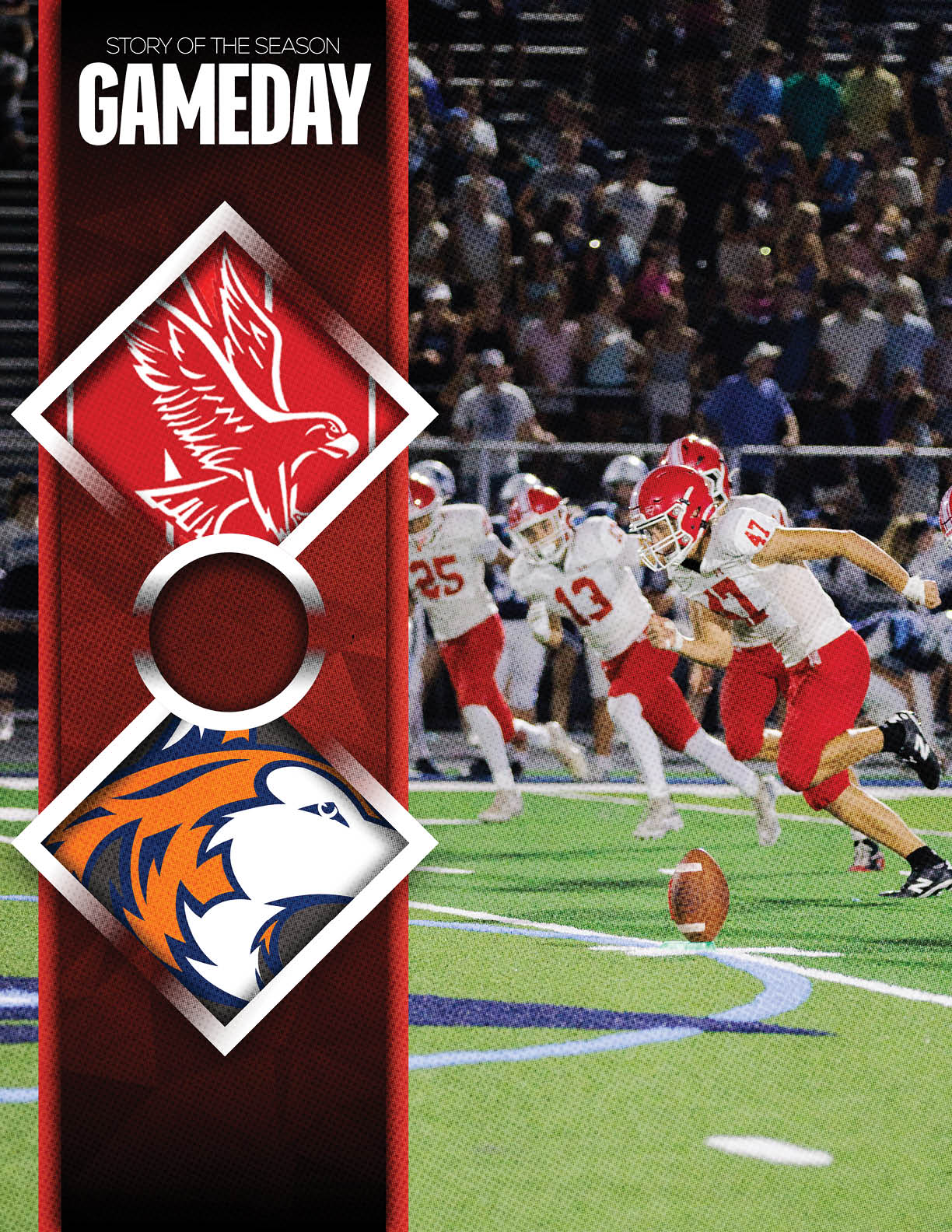 A person wearing a red helmet and red and white football uniform is running on a football field while holding a football, with other players visible in the background and a vertical banner featuring a red eagle and a blue and orange tiger logo on the left side. Description generated by AI