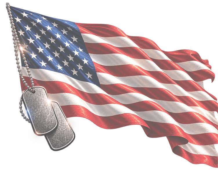 A waving American flag with two military dog tags hanging in the foreground. Description generated by AI