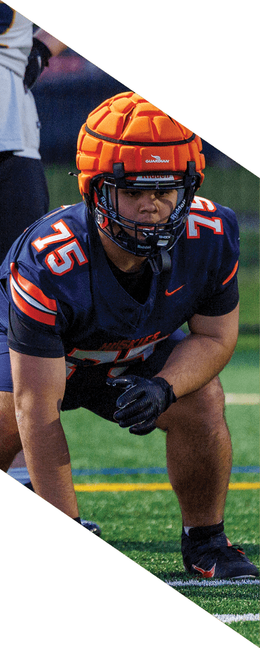A football player wearing a helmet and white uniform is holding his helmet above his head. AI generated content