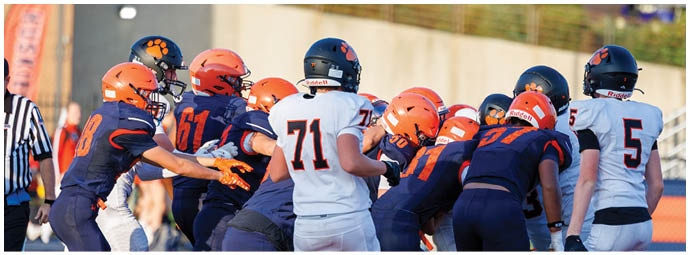 A football player wearing a blue and white uniform. Description generated by AI