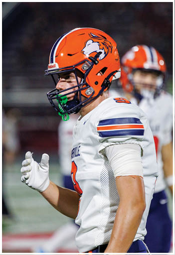 A football player running on the field. Description generated by AI