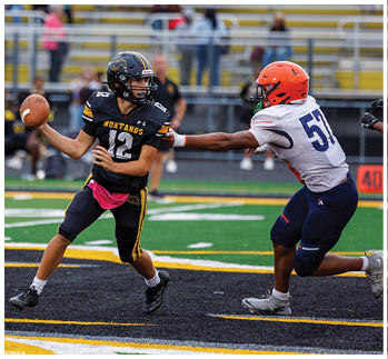 A football player running on the field. Description generated by AI