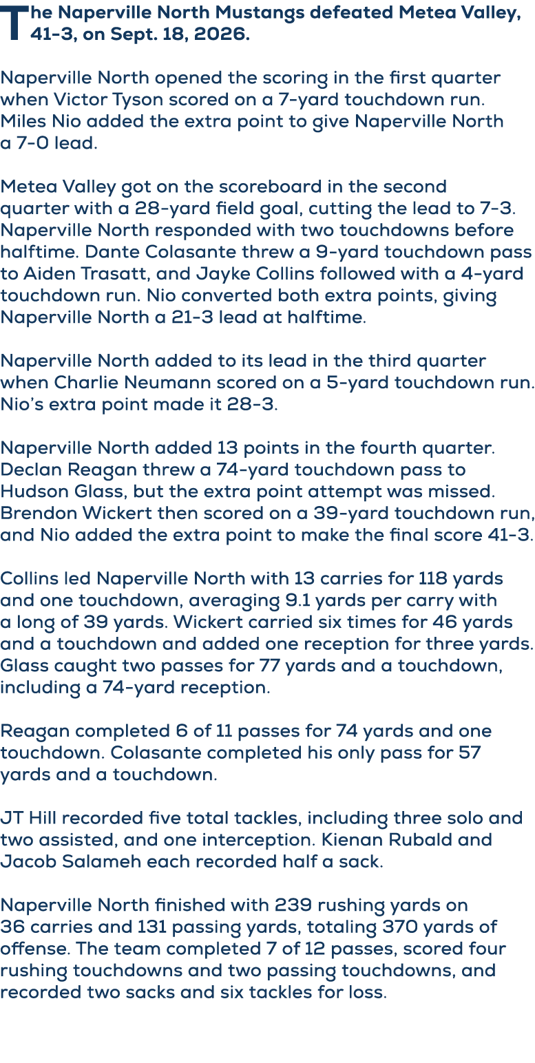 The Naperville North Mustangs defeated Metea Valley, 41 3, on Sept. 18, 2026. Naperville North opened the scoring in ...