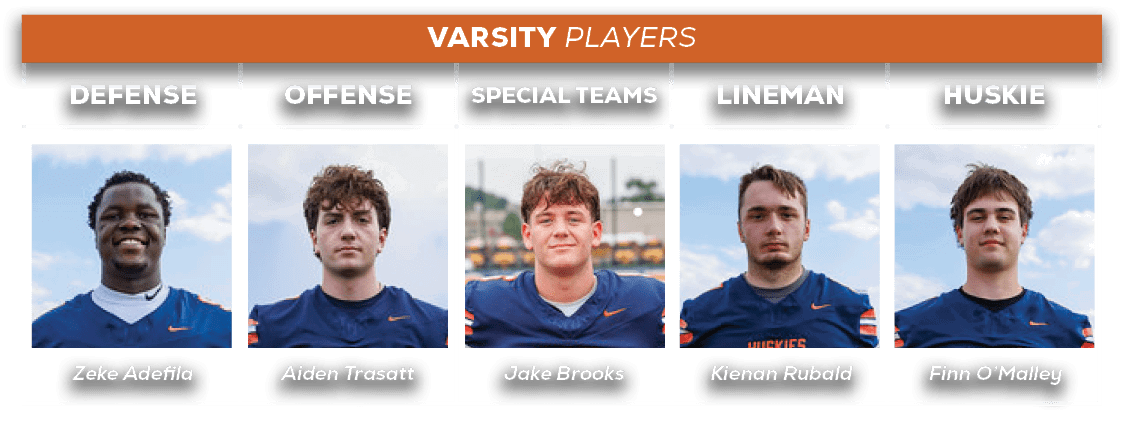 varsity players,HUSKIE,lineman,SPECIAL TEAMS,offense,defens