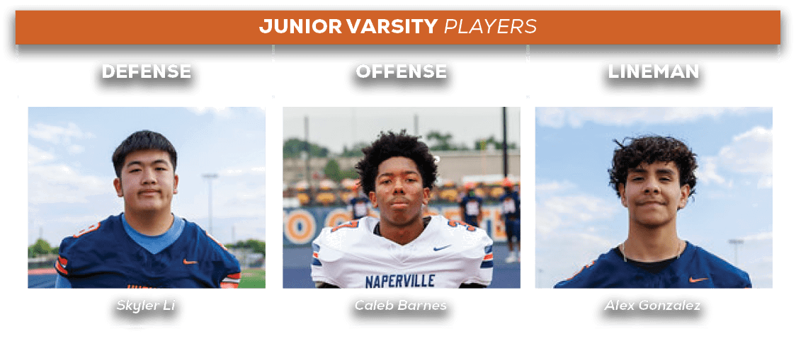 JUNIOR VARSITY players,Alex Gonzalez,Caleb Barnes,Skyler Li,LINEMAN,offense,defens