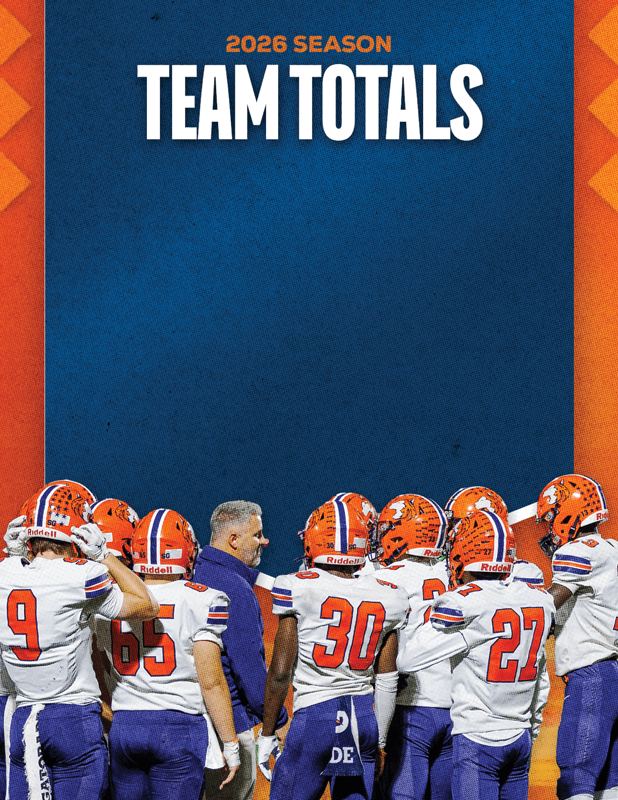 A group of football players standing on the field. Description generated by AI