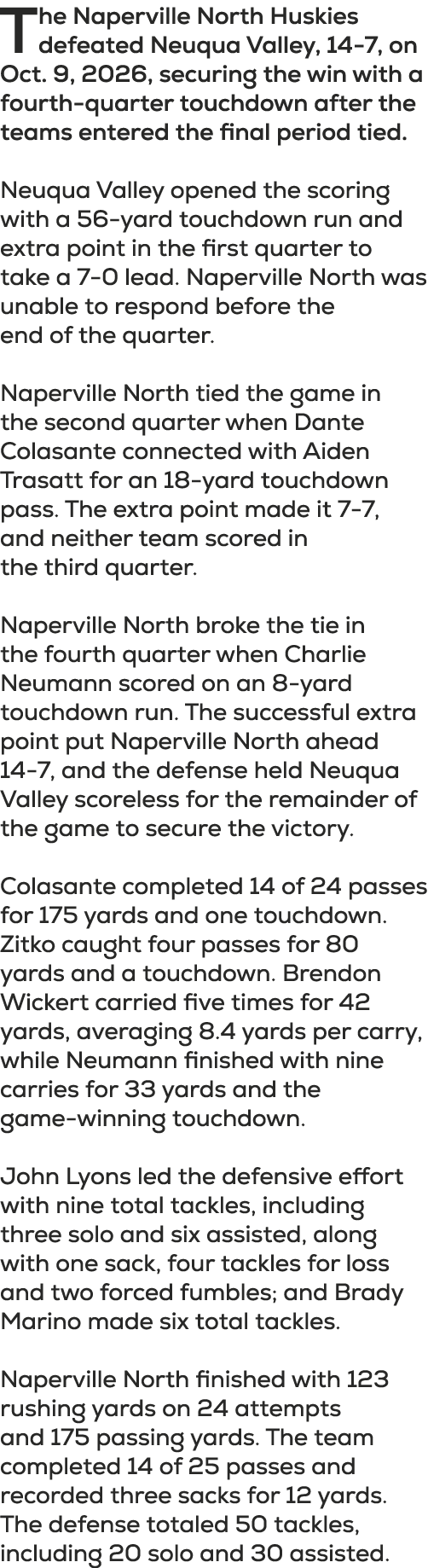 The Naperville North Huskies defeated Neuqua Valley, 14 7, on Oct. 9, 2026, securing the win with a fourth quarter to...
