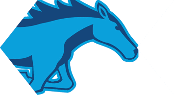 A blue and white bull head. Description generated by AI
