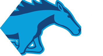 A blue and white bull head. Description generated by AI