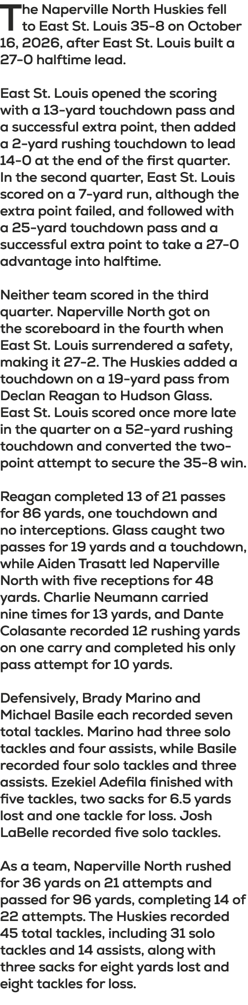 The Naperville North Huskies fell to East St. Louis 35 8 on October 16, 2026, after East St. Louis built a 27 0 halft...