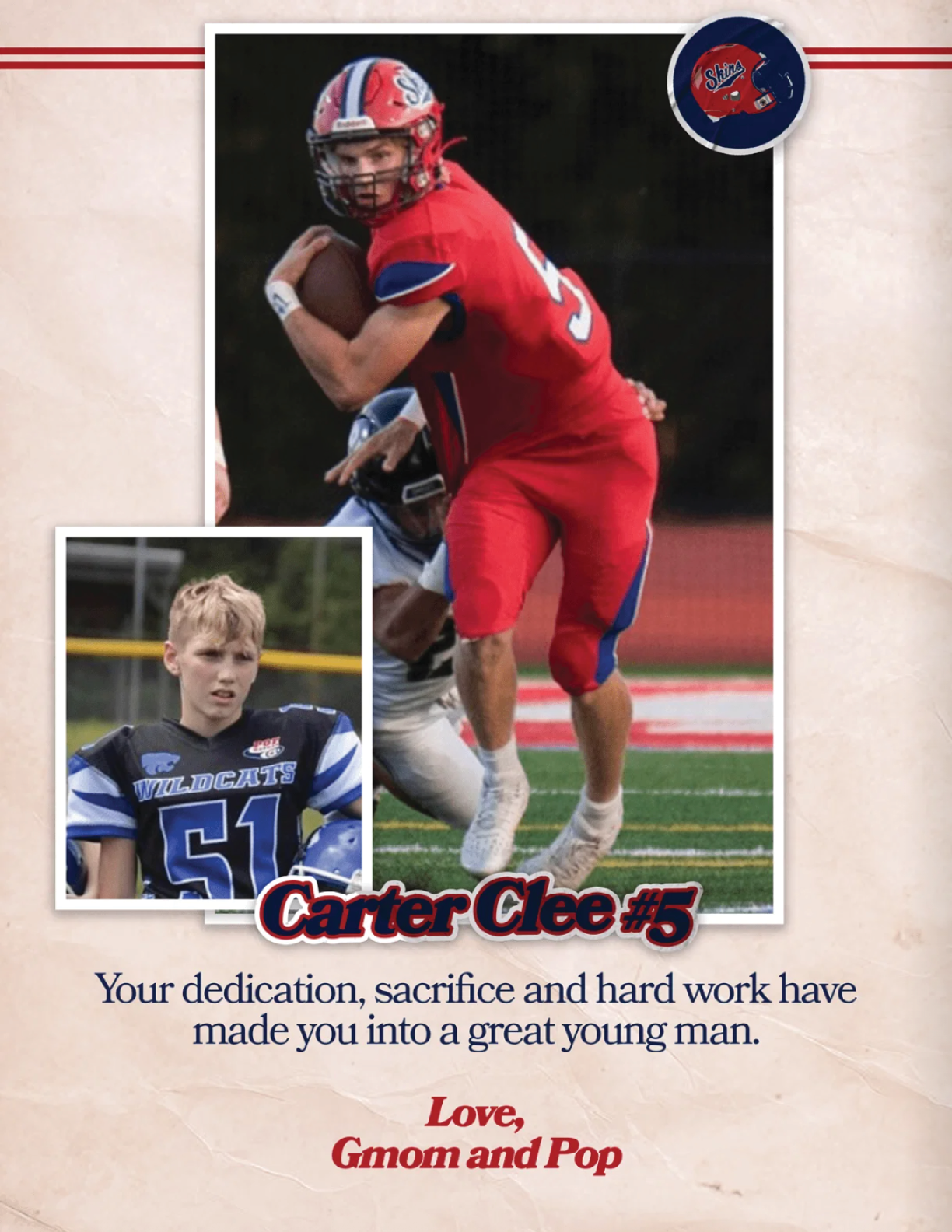 A football player in a red jersey with the number 5 on it. Description generated by AI