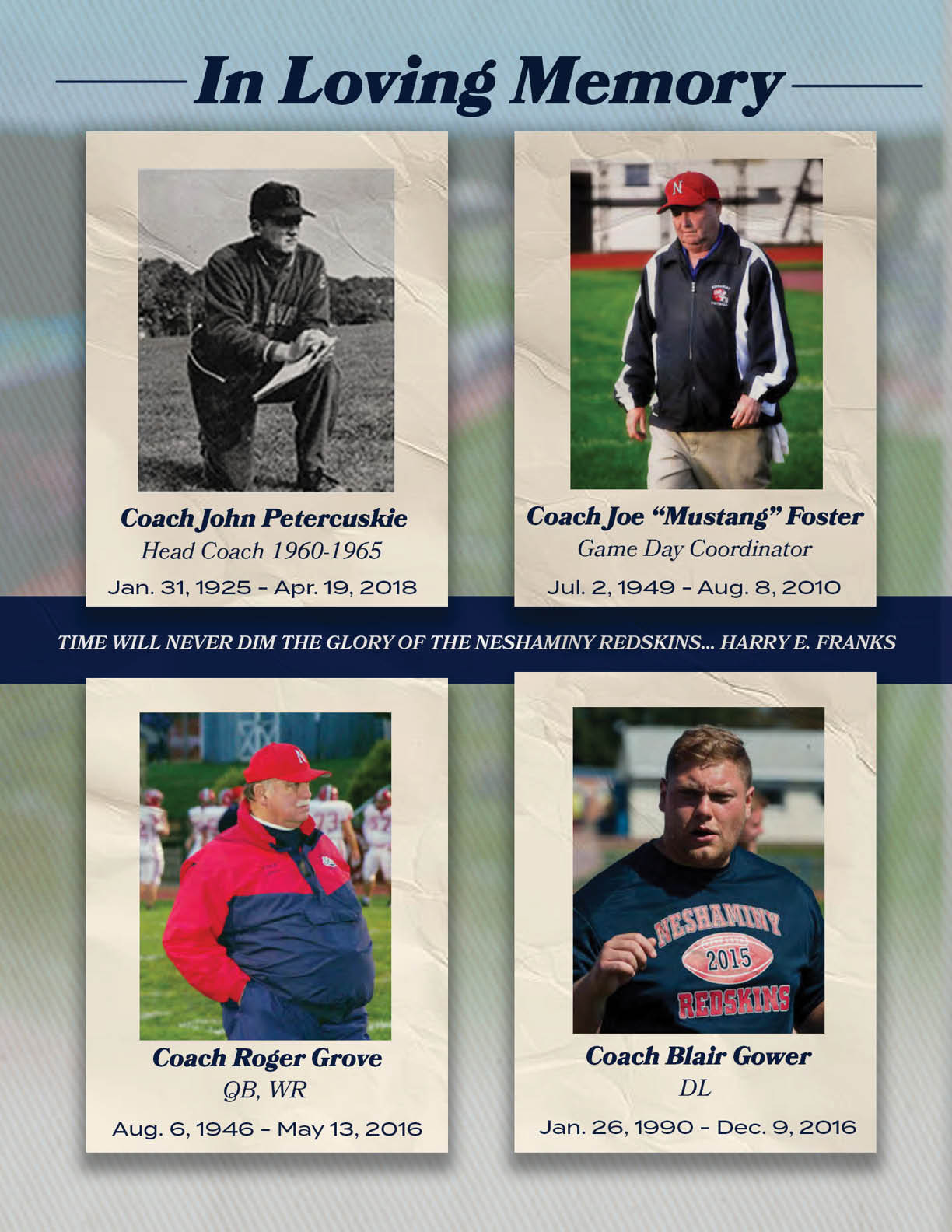 A memorial and hall of fame display features photos of people in sports uniforms and casual clothing, with names, years, and brief descriptions honoring their contributions. Description generated by AI