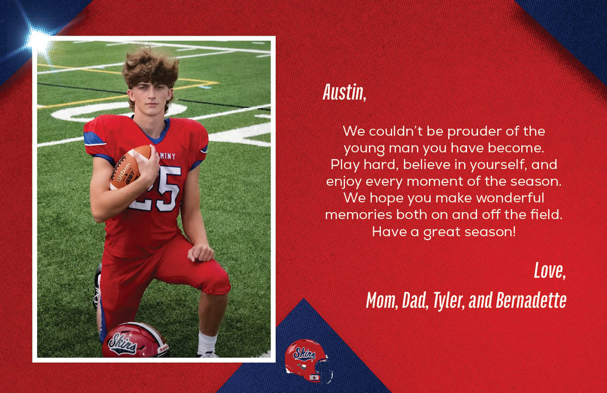 A person in a red football uniform kneels on a field holding a football next to a helmet, accompanied by a heartfelt message expressing pride and encouragement for a great season. Description generated by AI