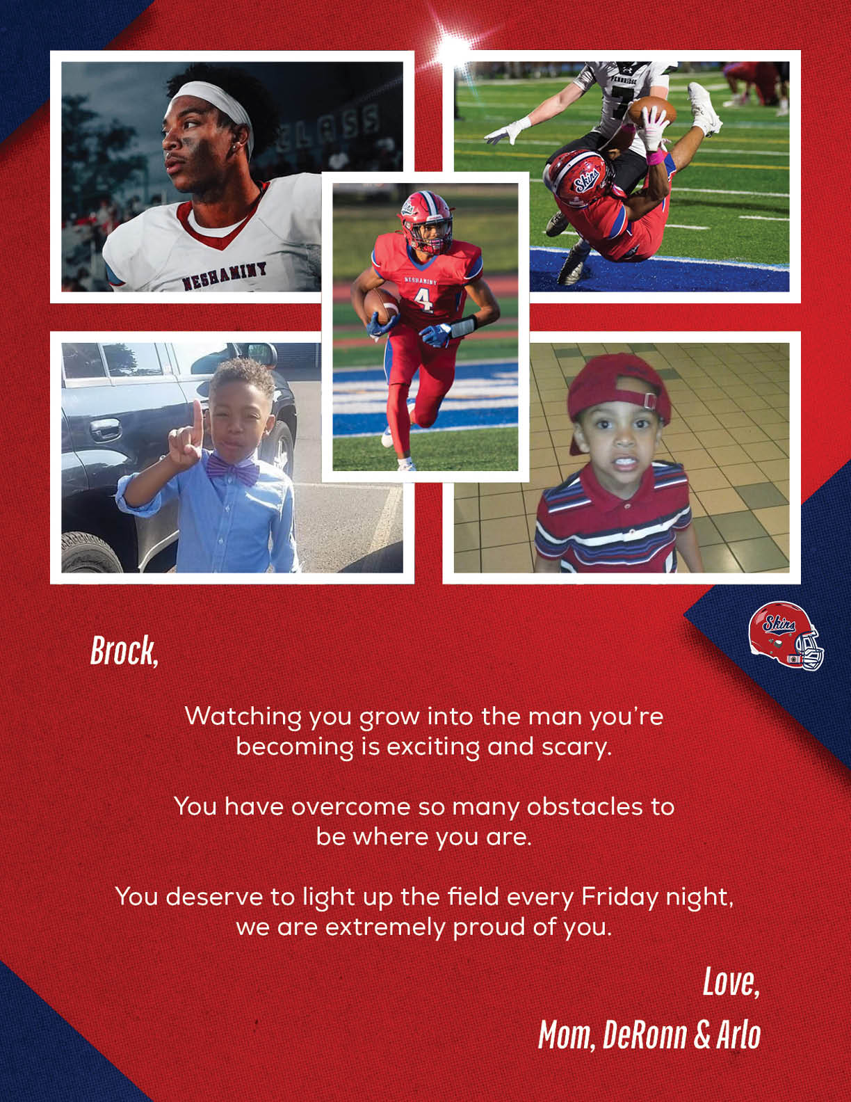 A collage of five photos shows a person growing up from childhood to playing football, accompanied by a heartfelt message from family expressing pride and encouragement. Description generated by AI