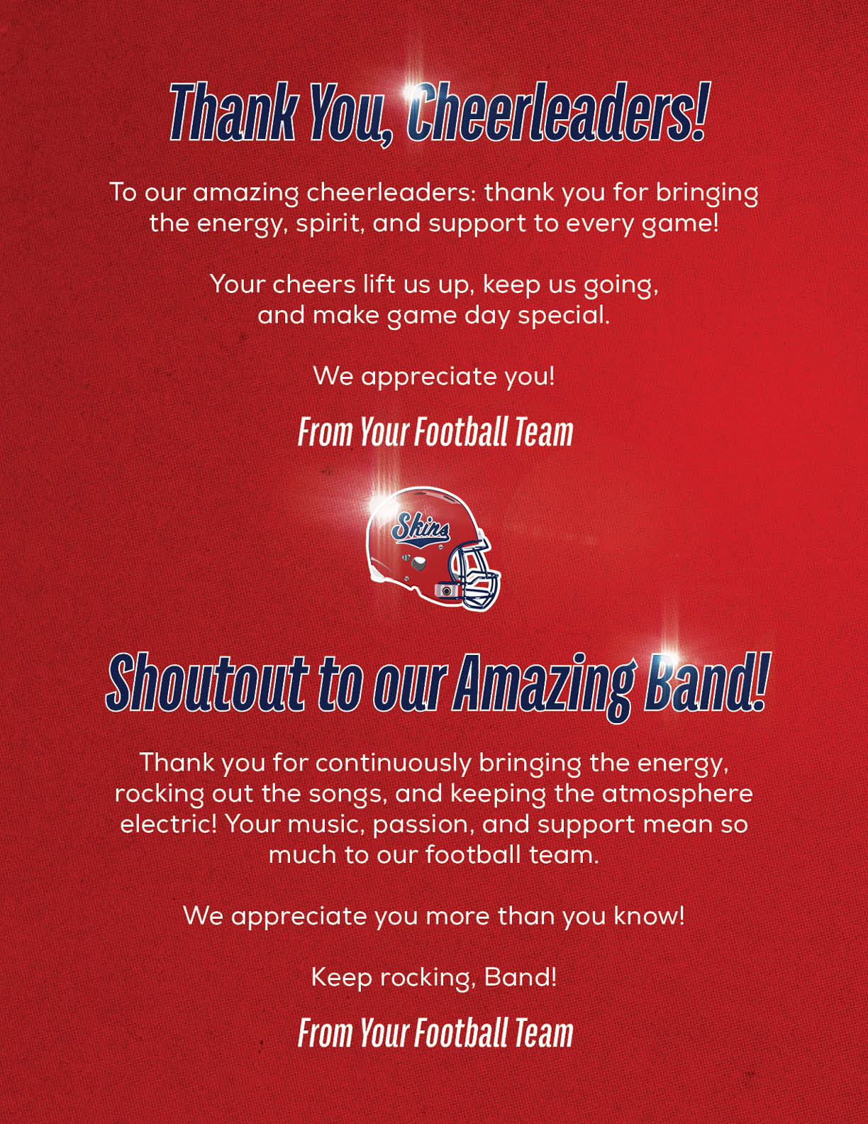 Thank you messages from a football team to cheerleaders and band members are displayed on a red textured background with a football helmet graphic in the center. Description generated by AI