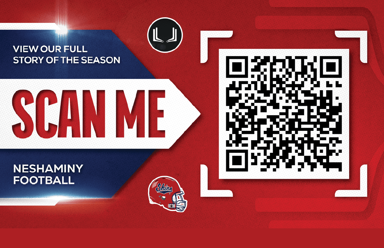 A red and blue graphic with a QR code and text inviting viewers to scan for the full story of the Neshaminy football season. Description generated by AI