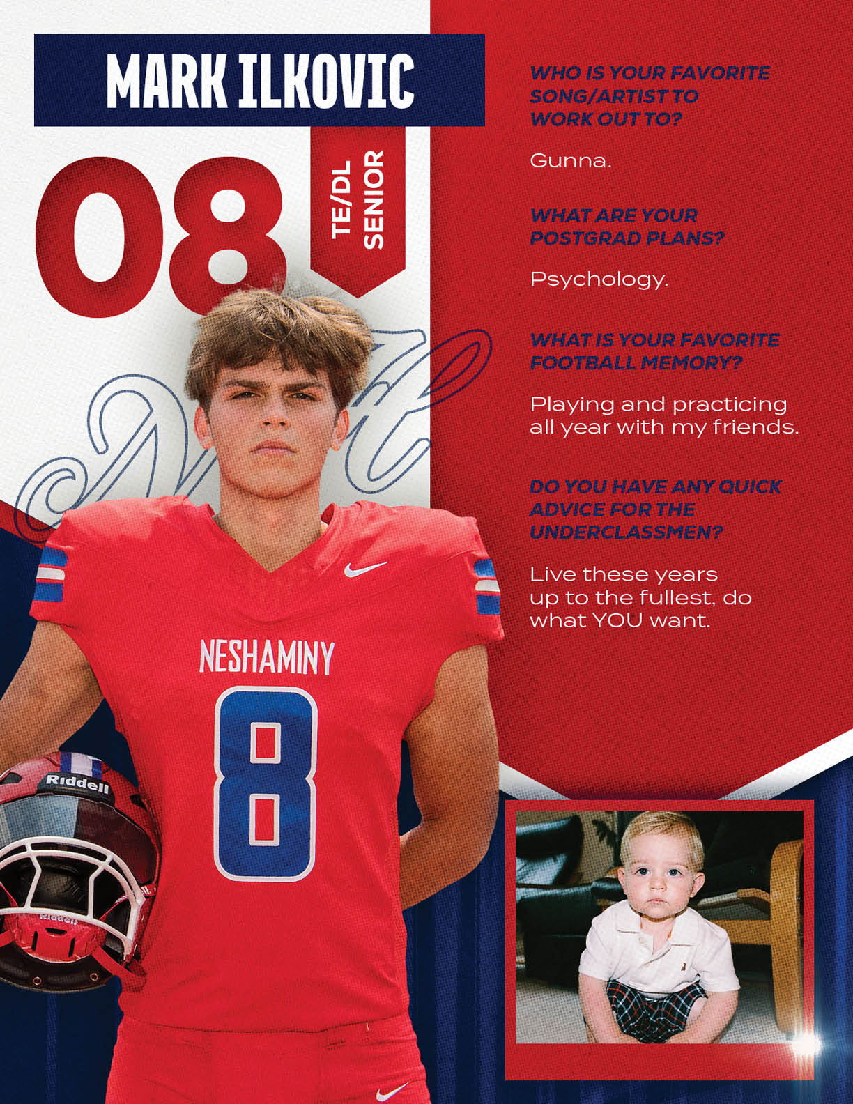 A football player wearing a blue and red jersey with the number 15 on it. Description generated by AI