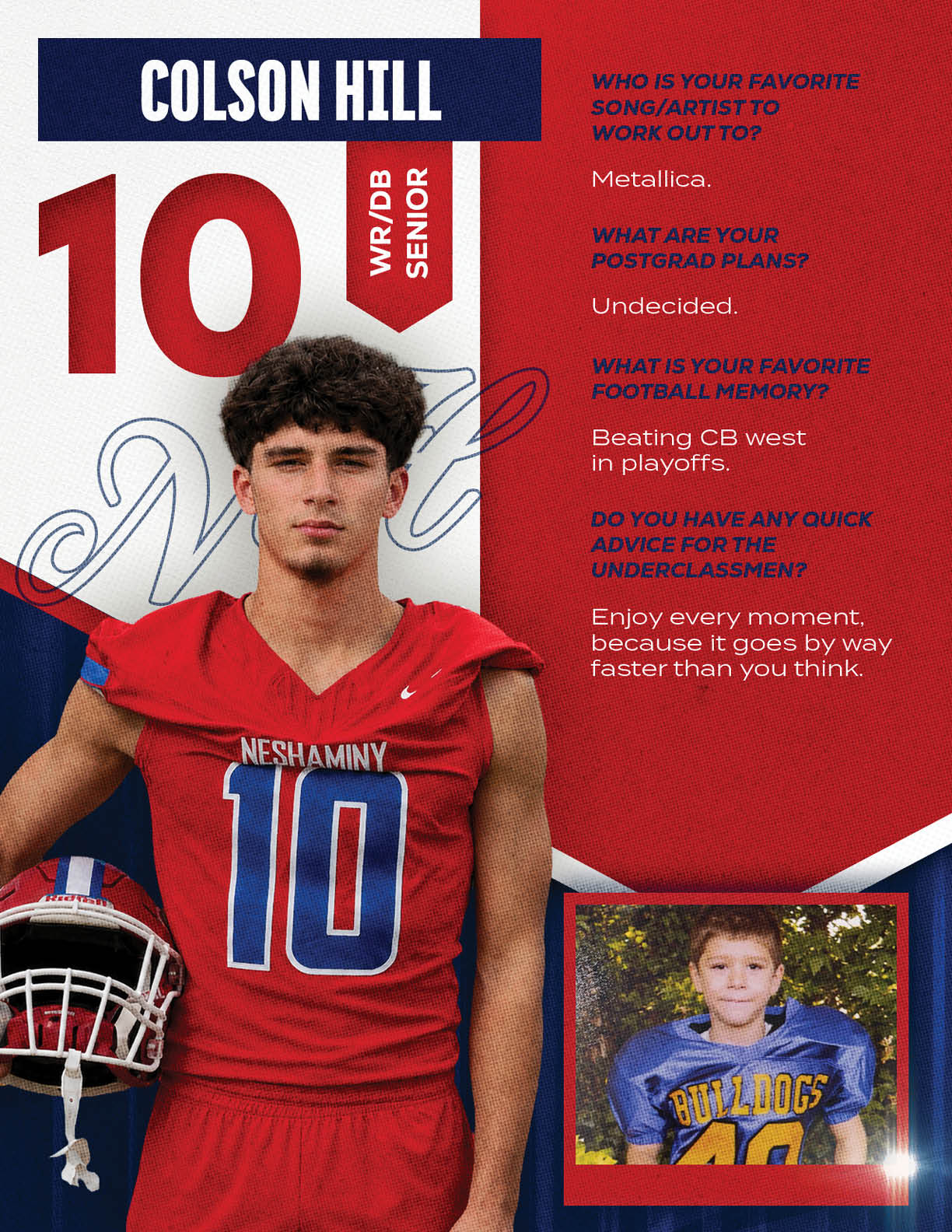 A football player wearing a blue and red jersey with the number 15 on it. Description generated by AI