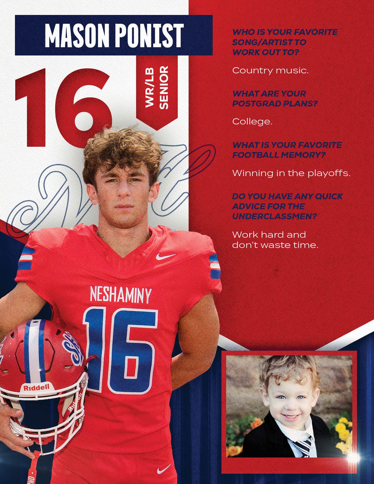 A football player wearing a blue and red jersey with the number 15 on it. Description generated by AI
