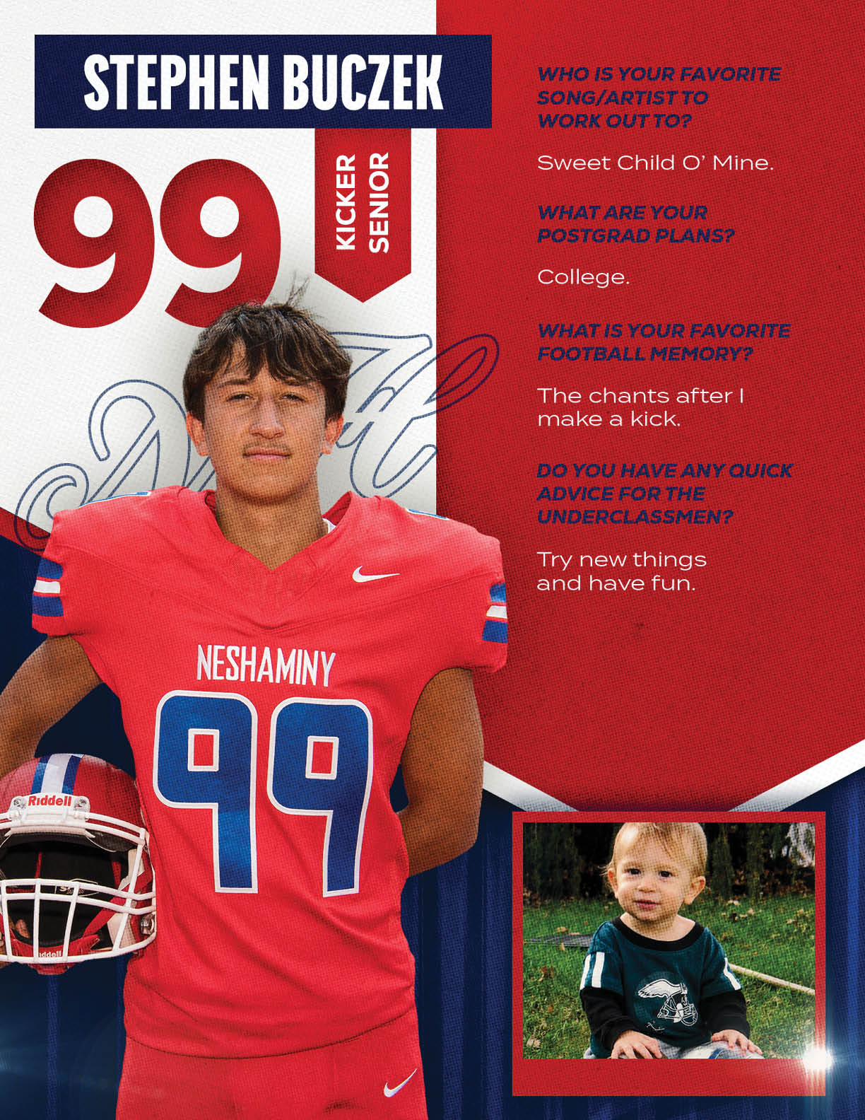 A football player wearing a blue and red jersey with the number 15 on it. Description generated by AI