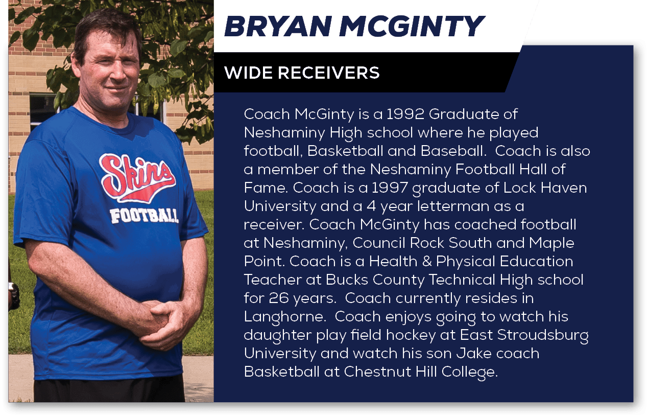 Coach McGinty is a 1992 Graduate of Neshaminy High school where he played football, Basketball and Baseball. Coach is...