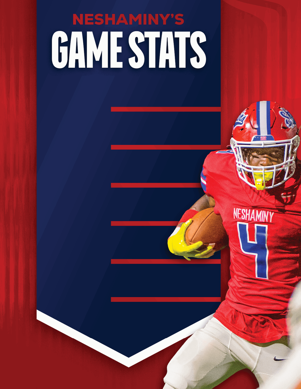 A football player wearing a blue and red jersey. Description generated by AI