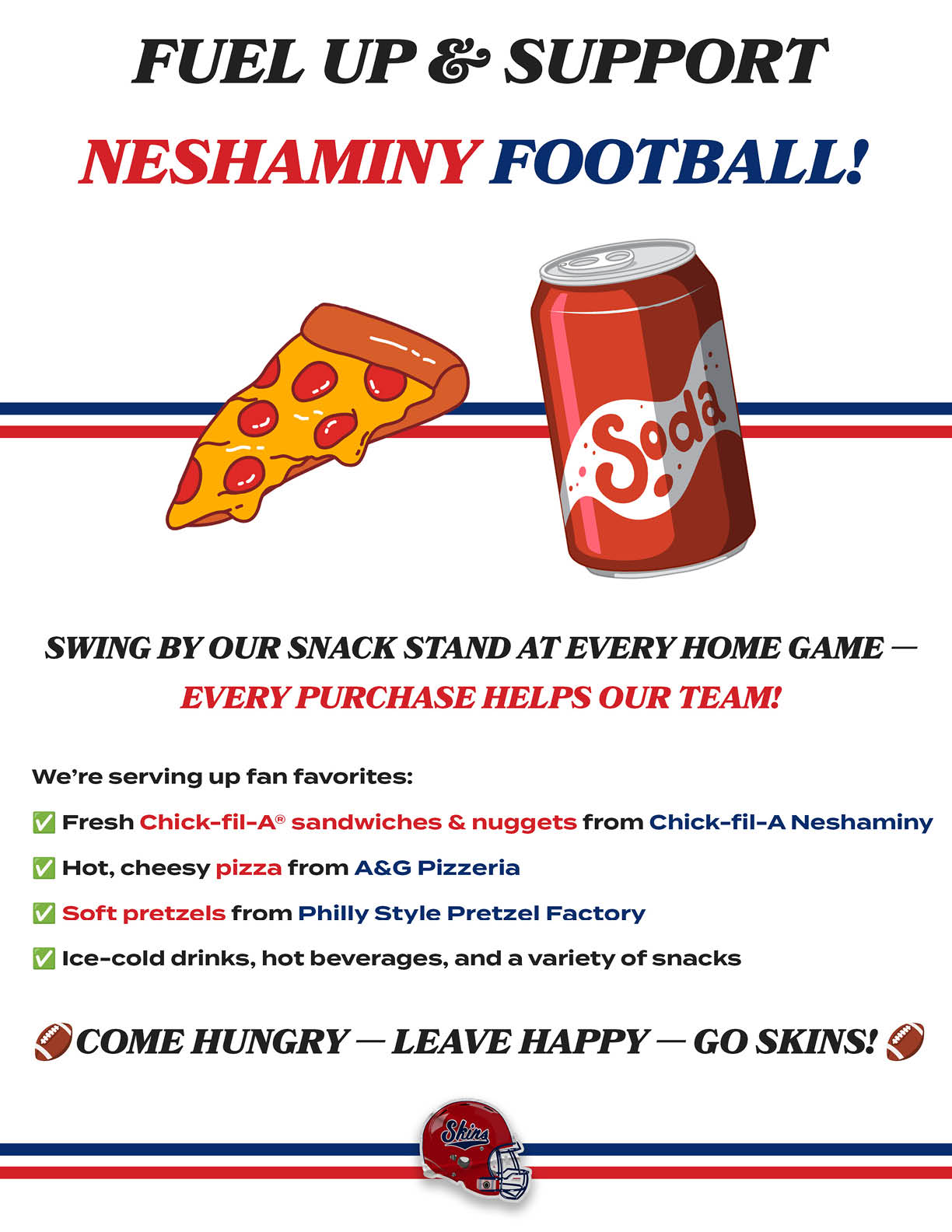 A colorful flyer encourages fueling up and supporting Neshaminy football with snacks like Chick-fil-A sandwiches, pizza, pretzels, and drinks available at every home game. Description generated by AI