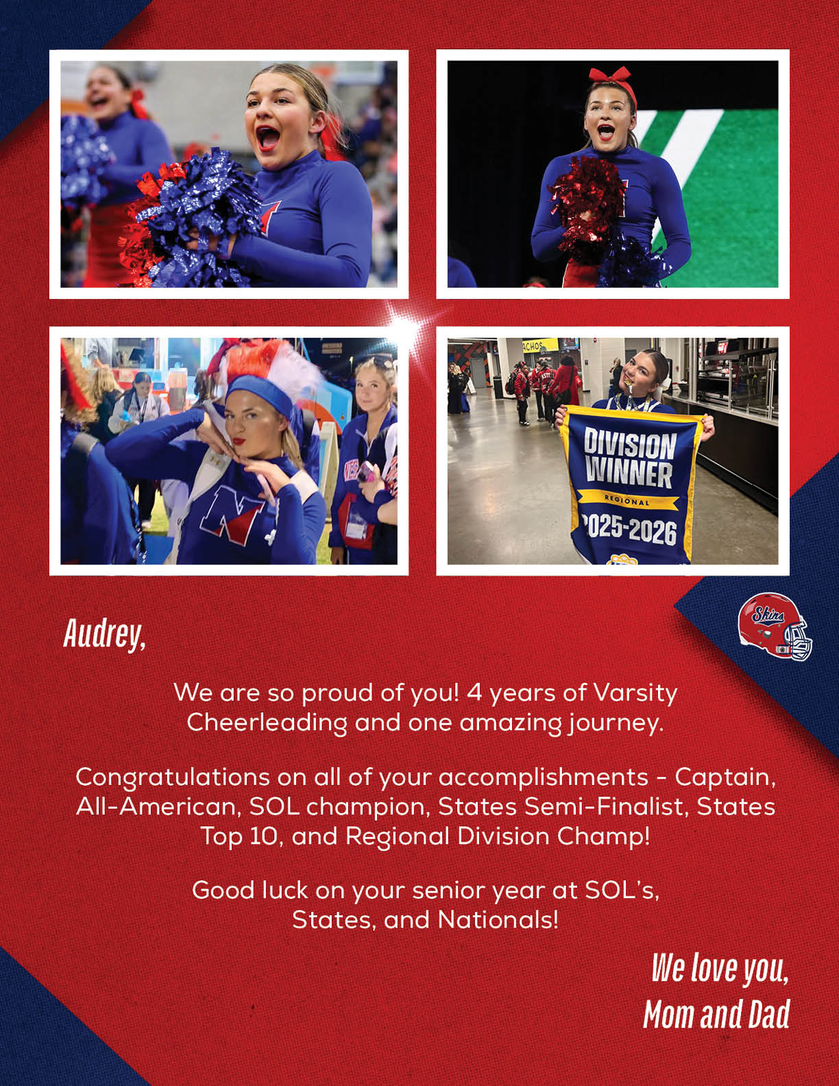 A collage of four photos shows a person in a cheerleading uniform holding pom-poms and a banner with congratulatory text expressing pride for their four years of varsity cheerleading and achievements. Description generated by AI