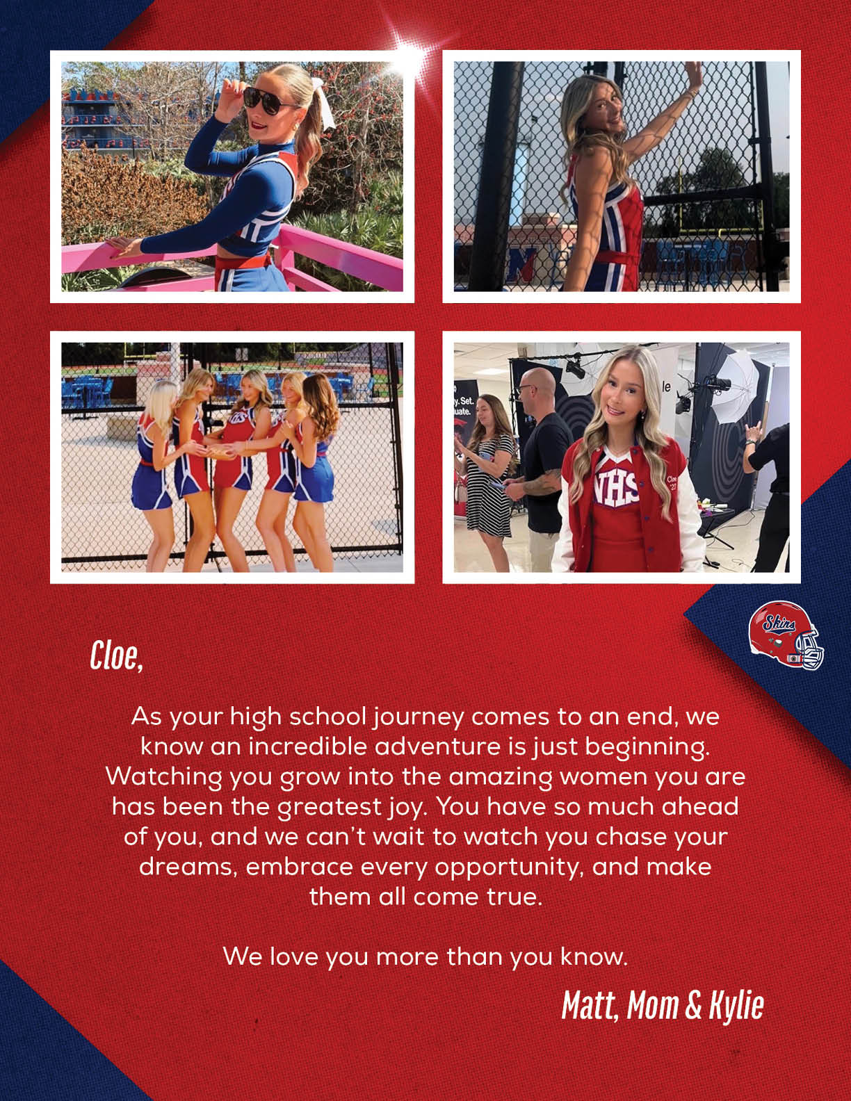 Four photos show a person in a cheerleading uniform posing and interacting with others outdoors and indoors, accompanied by a heartfelt message expressing love and encouragement for their high school journey. Description generated by AI