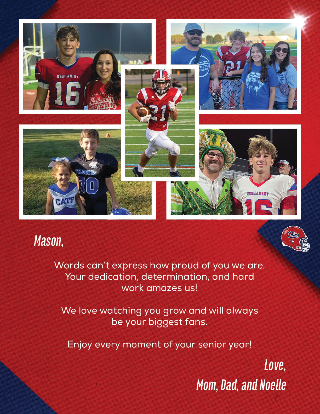 A collage of five photos shows a person in various sports uniforms and casual settings, accompanied by a heartfelt message from family expressing pride and support for their senior year. Description generated by AI