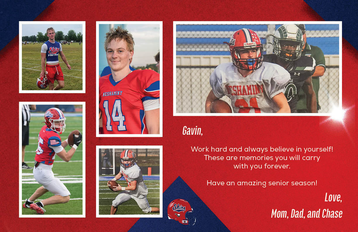 A collage of five photos shows a person in a red and blue football uniform in various poses on the field, accompanied by a heartfelt message from family expressing pride and encouragement for an amazing senior season. Description generated by AI